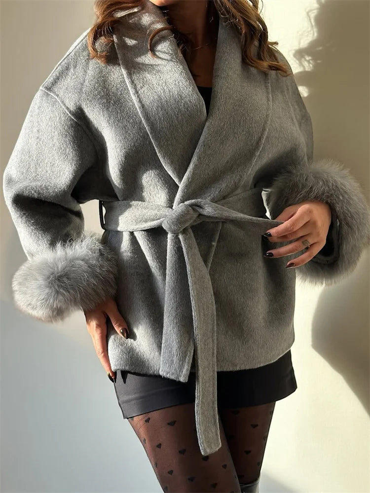 Tossy Fox Fur Wool Overcoat Women's Short Coat Office Lady Elegant Double-sided Woolen Coat 2025 New Cardigan Jackets Loose Wool