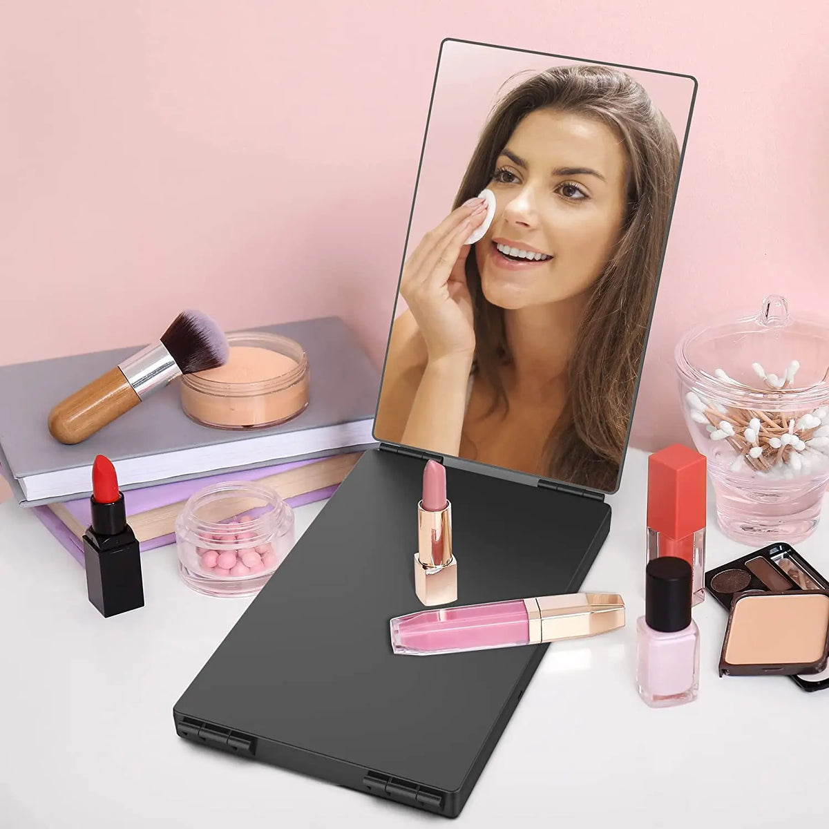 S Travel Portable 360 Trifold Vanity Makeup Mirror with Height Adjustable Telescoping Hook for Hair Self Cutting Fordable Mirror