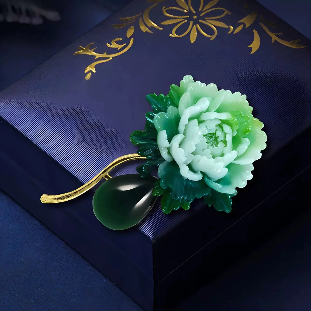 Vintage Resin Stone Green Peony Brooch for Woman Flower Lapel Pins Chinese Style Party Wedding Suit Coat Jewelry Gifts