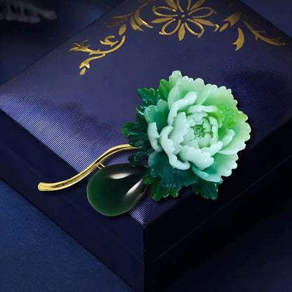 Vintage Resin Stone Green Peony Brooch for Woman Flower Lapel Pins Chinese Style Party Wedding Suit Coat Jewelry Gifts