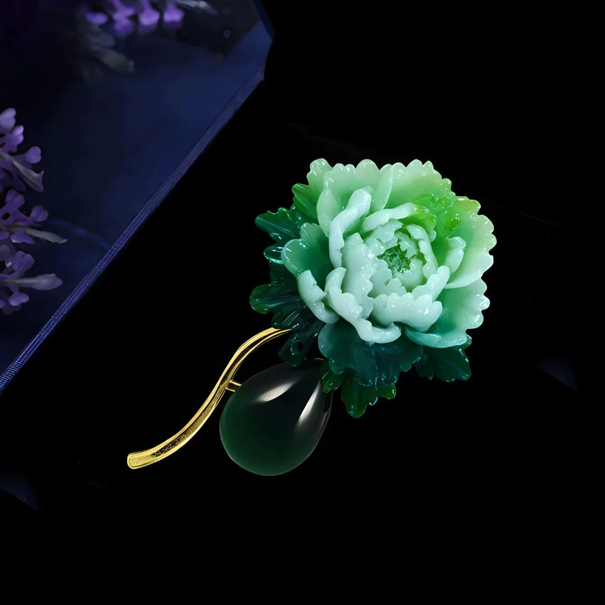 Vintage Resin Stone Green Peony Brooch for Woman Flower Lapel Pins Chinese Style Party Wedding Suit Coat Jewelry Gifts