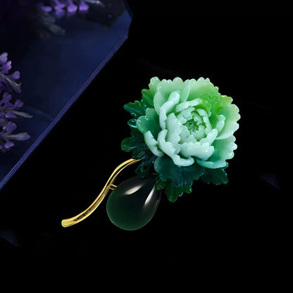 Vintage Resin Stone Green Peony Brooch for Woman Flower Lapel Pins Chinese Style Party Wedding Suit Coat Jewelry Gifts