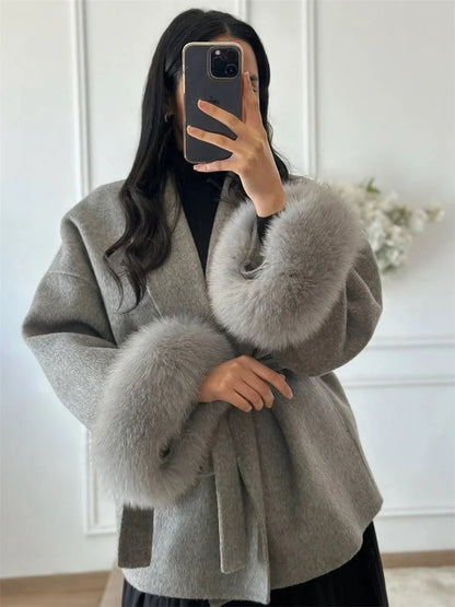 Tossy Fox Fur Wool Overcoat Women's Short Coat Office Lady Elegant Double-sided Woolen Coat 2025 New Cardigan Jackets Loose Wool