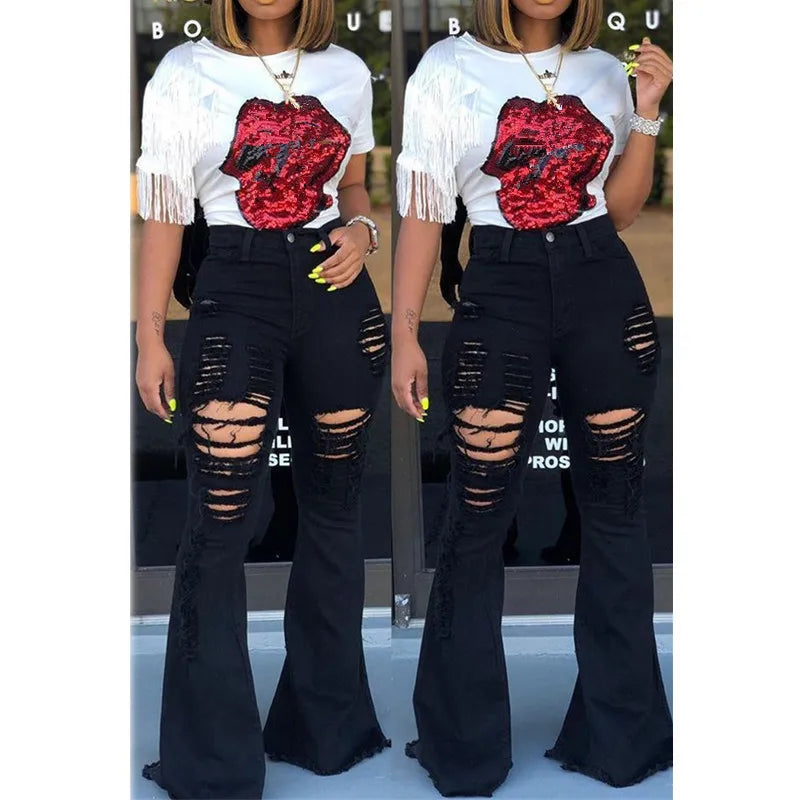 Black High Waist Distressed Flare Jeans